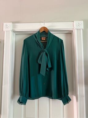 Tory Burch Silk Green Tie-Neck Blouse